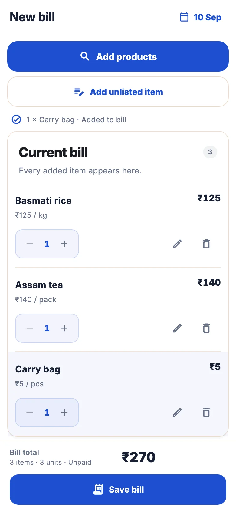 BillRaja app preview showing an itemised bill ready to save