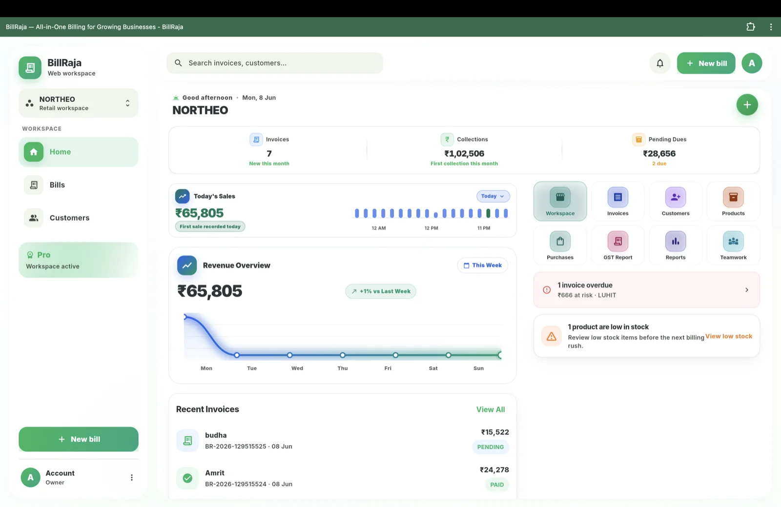 BillRaja web dashboard with invoices, collections, pending dues, sales and revenue overview.