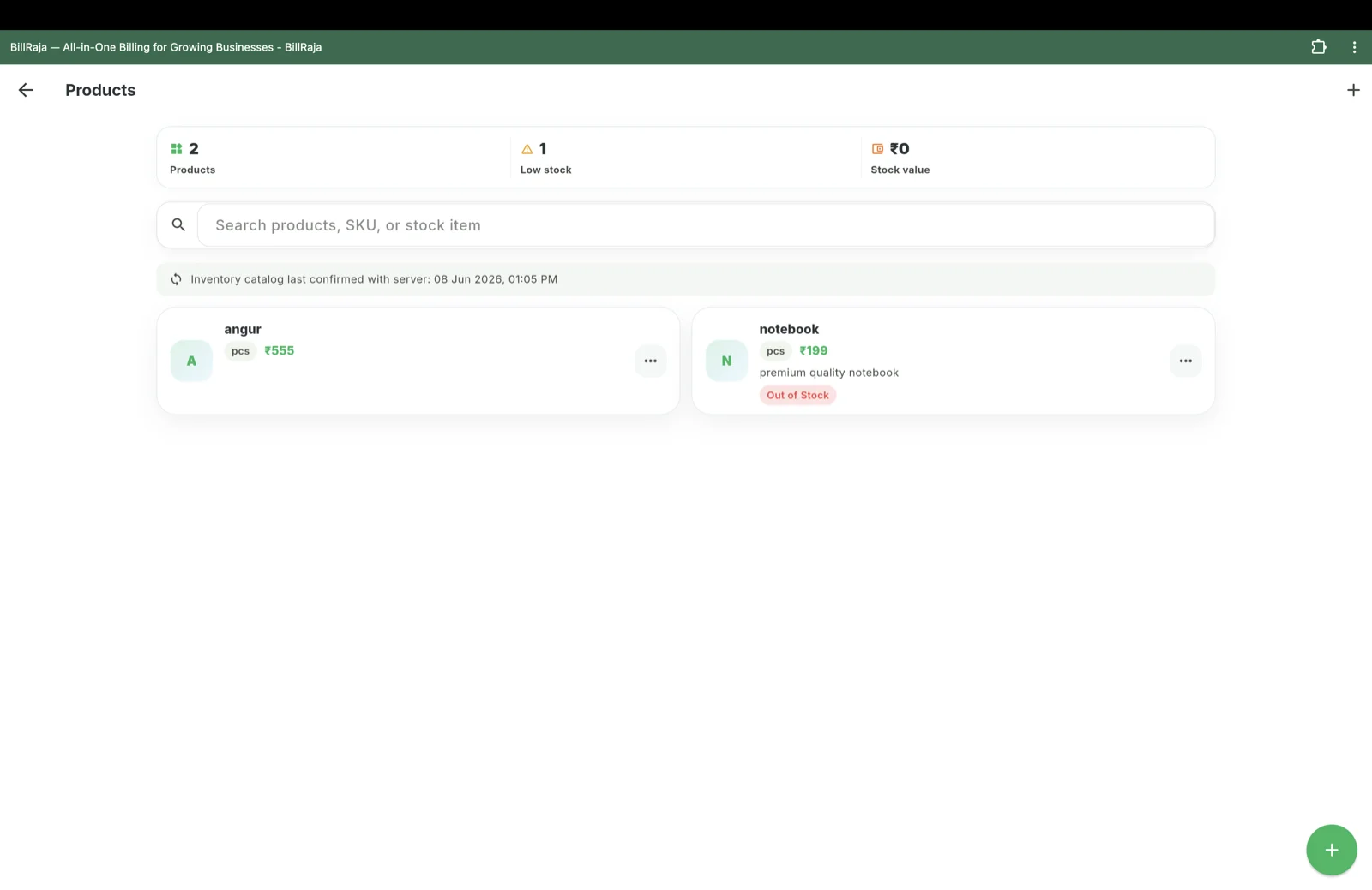 BillRaja products and inventory on the web with stock levels and pricing.